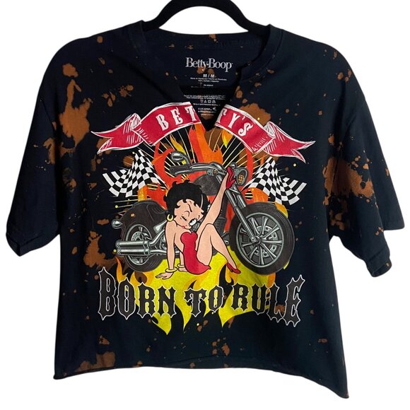 Betty Boop Size Medium Graphic Black Tee Shirt Motorcycle Acid Wash Cropped Punk - Picture 1 of 4